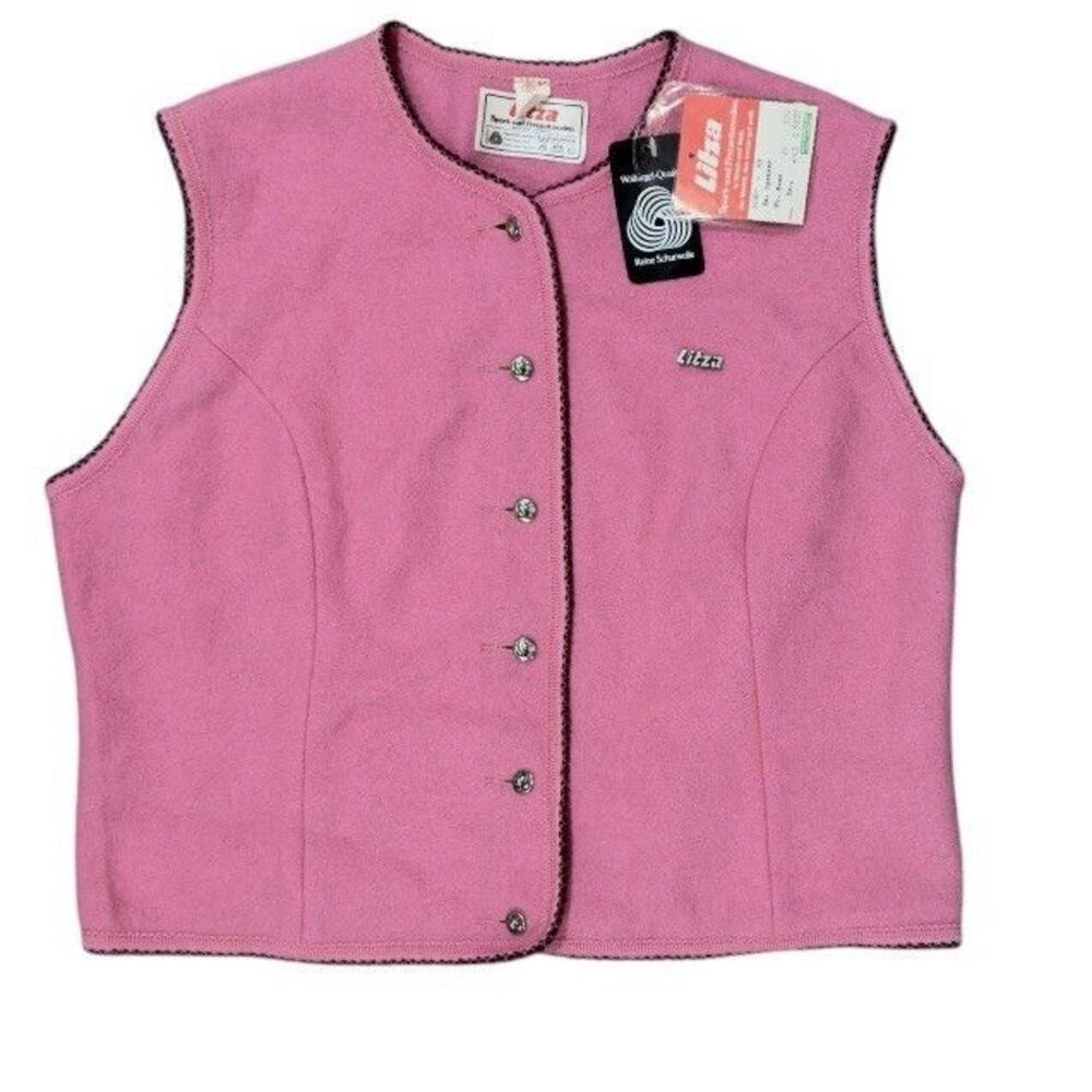 Vintage Litza German Pink Wool Vest Size 48 Trachten Button Front NWT NOS Folk